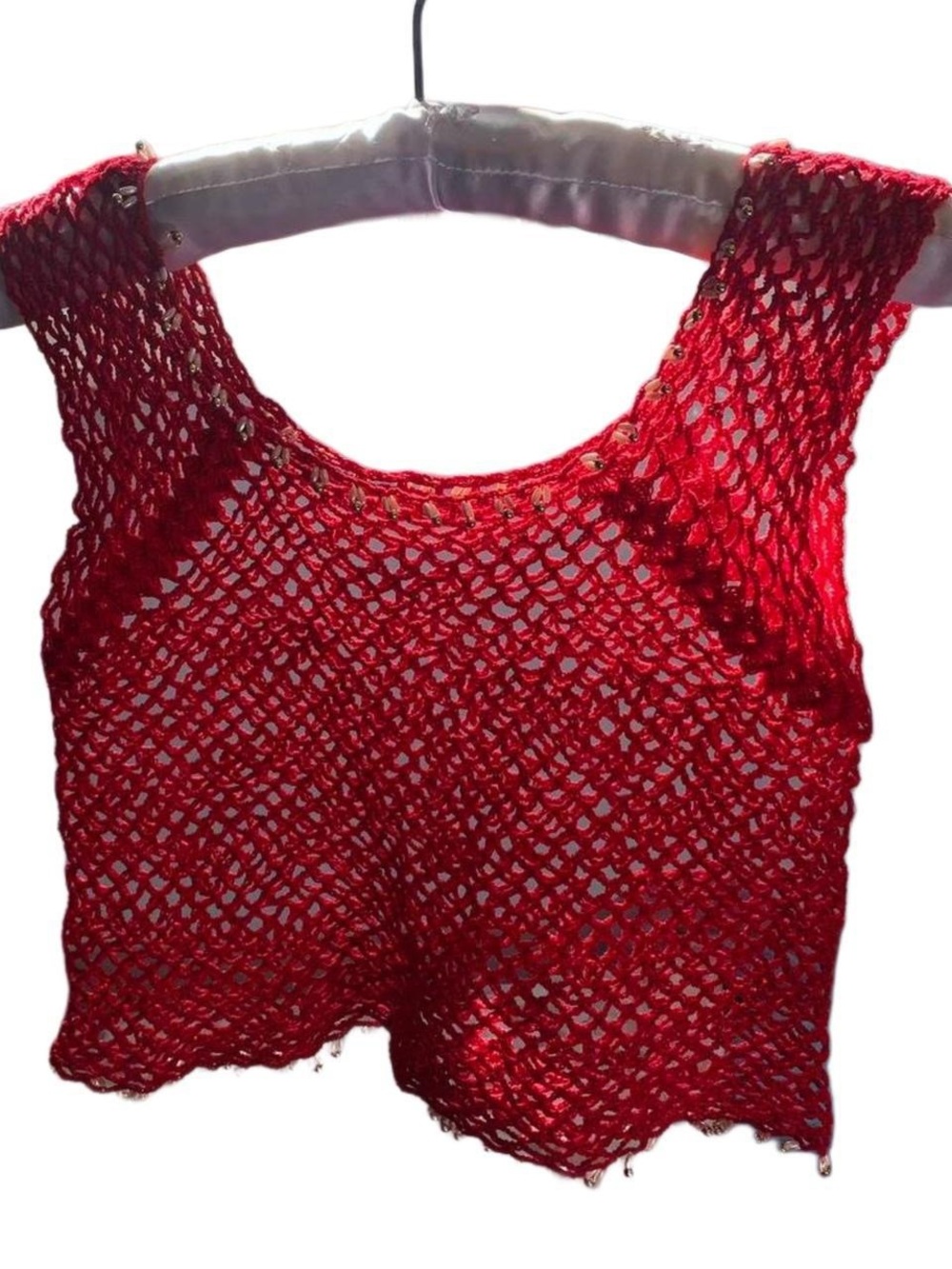 Y2K Open Knit Red Crochet Crop Tank Top Shell Bead Accent